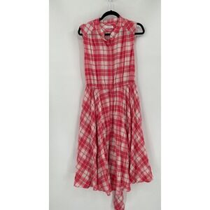 Calvin Klein Sz M Full Button Sleeveless Pink Gingham Dress Pockets Flare Beachy
